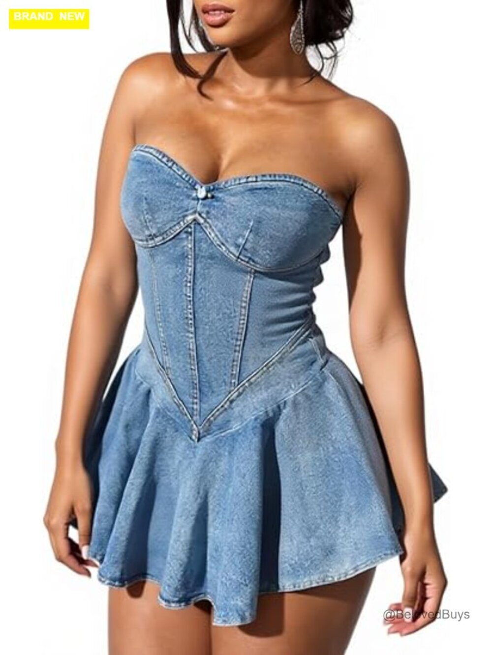 Off Shoulder Strapless Bustier Corset Tube Pleated Mini Jean Dress